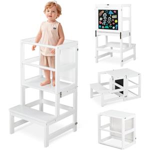 Bonnlo Torre Montessoriana Pieghevole 3 in 1, Scaletta Bambini con Lavagna e Piedini Antiscivolo, Sedia Montessoriana Bambini, 42 x 44 x 84cm (Bianco)