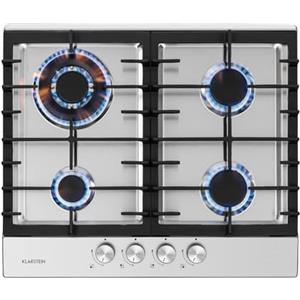 KLARSTEIN Ignito - Piano Cottura a Gas, Piastra da Incasso, Bruciatore Sabaf, Gas Naturale/Gas Propano, Valvole di Sicurezza, Spegnimento Automatico, Acciaio Inox, 4 Fuochi, 60 cm, Argento