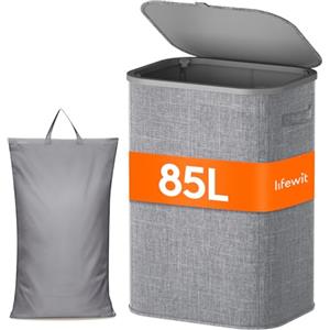 Lifewit Cesto Portabiancheria, Cesta Panni Sporchi con coperchio, Laundry Basket con Plastica Manici, Porta Biancheria Sporca per Bagno, Lavanderia, Camera da Letto, 85 L, Grigio Chiaro