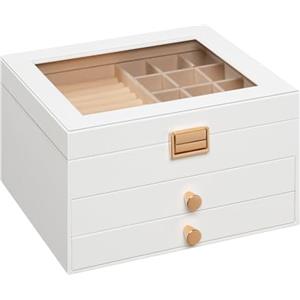 HOOBRO Scatola Portagioie 3 Livelli con Coperchio in Velluto e Finestra in Acrilico, 2 Cassetti, per Collane Orecchini Bracciali Anelli Orologi, Bianco EWT26JB04