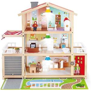 Hape Villa delle bambole | Casa arredata per gioco di ruolo | Casa giocattolo a tre piani in legno | Per bambini dai 3 anni
