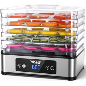 YASHE Essiccatore Alimentare, 5 Vassoi in Acciaio Inox, Timer e Temperatura Regolabili, Flusso d'Aria a 360°, Senza BPA, 400W Essiccatore Frutta e Verdura, Carne, Erbe, Snack per Cani