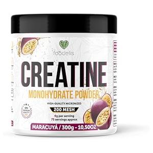 Foodelis Creatina Monoidrato Micronizzata in Polvere 300 g, 75 Dosi | 100% Creatina Monoidrato | Gusto Frutto della Passione | Alta Solubilità, Misurino Incluso