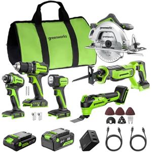 Greenworks 24V 6pcs combo (Trapano, Avvitatore a percussione, Sega circolare, Sega alternativa, Utensile multifunzione, Torcia), batterie USB-C da 4,0 Ah e 2,0 Ah, 2 cavi, caricatore rapido 65 W CK361