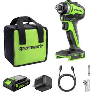 Greenworks 24V 220 Nm Avvitatore a percussione a batteria brushless Mandrino esagonale da 6,35 mm, batteria USB-C da 2,0 Ah, caricatore da 30 W e cavo da 1 m ID3220