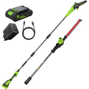 Greenworks Tagliasiepi a asta + sega 2-in-1 24V con batteria 4,0Ah & caricabatterie USB-C 65W, motore brushless, lama 51 cm, sega 20 cm, testa rotante 112,5°, asta 3 pezzi CKPH321A2