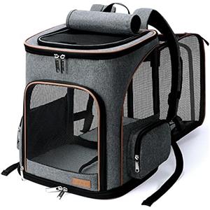 Lekesky Zaino per Cani Gatti Grande Porta Animali Estensibile, Portatile Zaino Trasportino Gatto Pieghevole con Guinzaglio Interno e 2 Tappetini, Per Cani Piccoli Gatti Medi Fino a 5 KG, Grigio