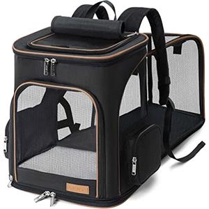 Lekesky Zaino per Cani Gatti Grande Porta Animali Estensibile, Portatile Zaino Trasportino Gatto Pieghevole con Guinzaglio Interno e 2 Tappetini Per Cani Piccoli Gatti Medi Fino a 8-10 KG, Nero XL