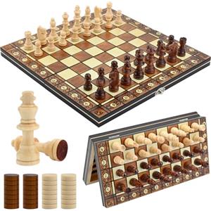 Ayxnzjsjm Scacchiera Magnetica in Legno 3 in 1, Scacchi Portatili e Pieghevole, 29 x 29 cm Scacchi da Viaggio con Spazi di Archiviazione, Chess Board Set Backgammon e Dama per Feste, Attività Familiari