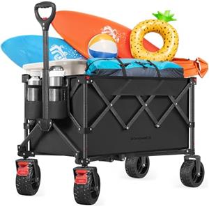 SONGMICS Carrello Spiaggia Pieghevole 150L, Carrellino da Trasporto 150 kg con Grandi Ruote Girevoli a 360°, 80,8 x 49,4 x 93,5 cm, per Campeggio e Spesa, Nero, Collezione Sandy GFW115B01