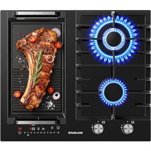 GASLAND GIH604BF Piano cottura a gas e a induzione 60 cm, Gas 5200 W con bruciatore wok, Induzione 3500 W con funzione BBQ, Vetro nero da incasso (Senza padella)