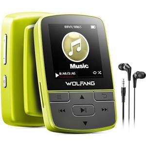 WOLFANG Lettore MP3 con Bluetooth 5.2, clip sportiva, formato mini, peso 28,3 g, radio FM HiF, registratore vocale, auricolari inclusi, verde fluorescente