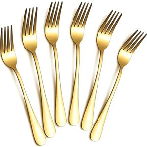 tiokin Set di 6 Gold forchette da tavola, 20,5 cm, in acciaio inox per uso alimentare, forchette da tavola, posate con finitura a specchio, lavabili in lavastoviglie, utilizzabili per casa, cucina o