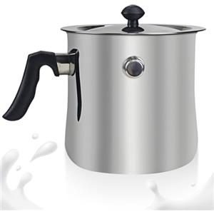 GBKDQQ Pentola per latte a induzione, 1.5 litri, in acciaio inox, a doppia parete, con beccuccio e coperchio in vetro, con manico in plastica antiscivolo per piani cottura a gas, elettrici e a induzione
