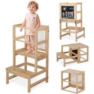 Bonnlo Torre Montessoriana Pieghevole 3 in 1, Scaletta Bambini con Lavagna e Piedini Antiscivolo, Sedia Montessoriana Bambini, 42 x 44 x 84cm