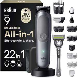 Braun Rasoio Elettrico Barba e Capelli Serie 9, Accessori AIO9545 Grigio | Rifinitore All-in-One 22in1, Rasoio Elettrico Corpo Uomo, Modalità Bodygentle, Peli Naso, Impermeabile Ricaricabile