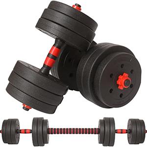 BAKAJI Set 2 in 1 Manubri Regolabili con Barra Bilanciere e 12 Dischi Totale Peso 25kg (4x2.5kg + 4x2kg + 4x1.5kg), Rivestimento Nero e Rosso in Gomma Piuma Antiruggine Antiscivolo, Fitness