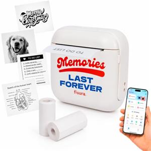 Fisura Mini stampante termica originale Memories, stampante per adesivi o carta, mini etichettatrice Bluetooth, per foto, disegni, note, include 1 rotolo adesivo e 1 rotolo di carta.