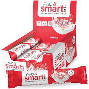 PhD Nutrition Smart Bar Barretta proteica 12x64g Panna e fragole - Protein Bar con 22g di proteine e poco zucchero, Adatta per una dieta macro