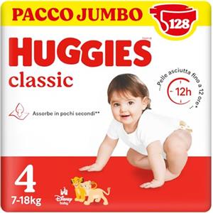 Huggies Classic, Pannolini Taglia 4 (7-14Kg), Protezione completa, Pacco Jumbo, 128 Pz