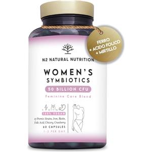 N2 Natural Nutrition Fermenti Lattici Probiotici Donna (50 Milioni UFC/17 Ceppi) Integratore Probiotici per Intestino, Vaginale, Urinaria e Ormonale. Mirtillo Rosso, Acido Folico. 60 Capsule. N2 Natural Nutrition