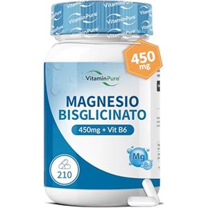 VitaminPure Magnesio Bisglicinato Capsule 450mg con Vit B6, 210 Capsule Vegane, Contribuisce alla Riduzione della Stanchezza e dell'Affaticamento - VitaminPure