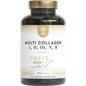 N2 Natural Nutrition MULTI COLLAGENE Idrolizzato 1650mg. Peptidi di Collagene Marino e Bovino Tipo 1, 2, 3, 5, 10. Collagene Integratore per Articulazioni, Pelle e Ossa + Vitamina C. 180 Capsule. N2 Natural Nutrition