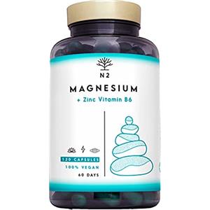N2 Natural Nutrition Magnesio Zinco e Vitamina B6 Integratore. Contribuisce al Normale Mantenimento dei Muscoli. Riduce la Stanchezza. Migliora il Sistema Immunitario. 120 Capsule. CE. VEGANO. N2 Natural Nutrition