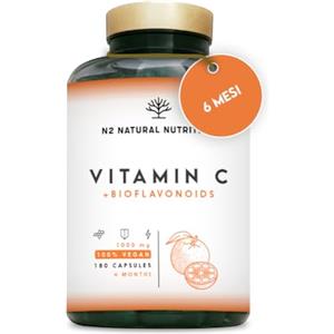 N2 Natural Nutrition VITAMINA C 1000 mg ALTO DOSAGGIO + Bioflavonoidi - Naturale Vitamine C Complex Pura - Riduce la Stanchezza e la Fatica, Rafforza le Difese - Acido Ascorbico - 180 Capsule Vegano N2 Natural