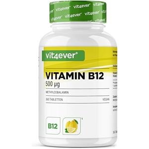 Vit4ever Vitamina B12 Limone - 365 pastiglie in un anno di fornitura - Premium: 500 mcg di metilcobalamina attiva + vitamina C - Altamente dosato - Vegan