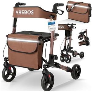 Arebos Deambulatore 4 Ruote | 136 kg | Pieghevole | Alluminio | Peso Leggero | con Borsa per la Spesa | Marrone