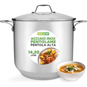 NutriChef Pentola in Acciaio Inox 18/8 - 15 Litri, Adatta per Induzione, per Stufati, Cottura a Fuoco Lento e Zuppe, con Coperchio Trasparente e Lavabile in Lavastoviglie
