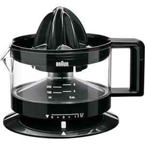 Braun CJ3000BK Spremiagrumi, rotazione a destra e sinistra, avvio e arresto automatici, base antiscivolo, vano portacavo, capacità caraffa 350ml con misuratore graduato, pratico beccuccio, 20w, Nero