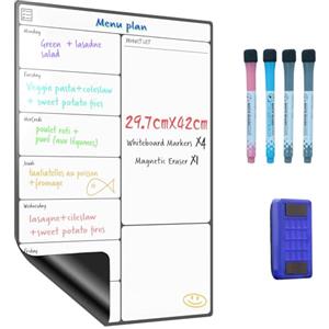 SURFOU Lavagna Magnetica Frigo A3 Cancellabile, Calendario Settimanale | per Pasti, Famiglia, Agenda, Spesa e Lista delle Cose da Fare - con 4 Pennarelli e Gomma a Secco