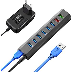 Vansuny HUB USB 3.0 Alimentato 8 Porte USB Hub Alimentato con Alimentatore 36W Grigio HUB USB 3.0 per PC Laptop Desktop