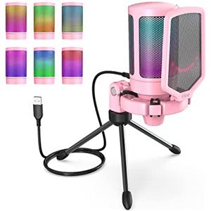 FIFINE USB Microfono per PC Gaming PS5, RGB Microfono a Condensatore da Tavolo con Pulsante di Silenziamento, Filtro Anti-Pop e Supporto Antiurto per Streaming Podcasting Youtube Skype