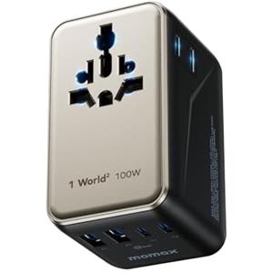 MOMAX Adattatore Universale da Viaggio 100 W, Presa Universale da Viaggio con 2 USB-C e 2 USB-A e 2 AC, 6-in-1 Adattatore da Viaggio Italia Inghilterra Germania America Australia e 224+ Paese