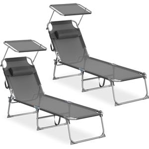 SONGMICS Set da 2 Sedie a Sdraio Pieghevoli, 189 x 53 x 28,5 cm, con Cusicni, Lettini Prendisole, Portata 110 kg Ciascuno, Parasole e Schienale Regolabili, per Terrazza e Balcone, Grigio GCB292GZ02