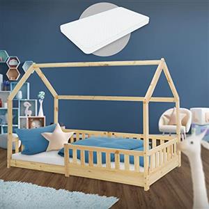 ML DESIGN modern living ML-Design Letto a Casetta per Bambini 90 x 200 cm Naturale, in Legno di Pino, Struttura con Protezione Anticaduta, Lettino a Terra Montessori con Materasso da 16 cm in Schiuma Fredda per Cameretta