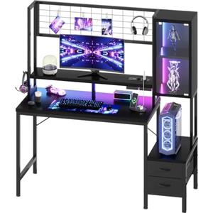 Devoko Scrivania Da Gaming Angolare Con LED E Prese, 120 cm, Arredamento Per Ufficio, Con Ganci E 2 Cassetti In Tessuto, Ideale Per il Telelavoro E I Videogiochi, Nera