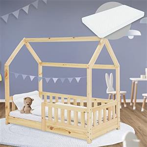 ML DESIGN modern living ML-Design Letto a Casetta per Bambini 70 x 140 cm Naturale, in Legno Massello, Struttura con Protezione Anticaduta, Lettino a Terra Montessori con Materasso Sfoderabile in Schiuma Fredda per Cameretta
