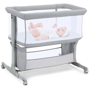 Growaystory Culla Fianco Letto per Neonati, Lettino Co-Sleeper Regolabile in 7 Altezze con Ruote, Materasso e Cesto Portaoggetti, Culla Portatile per Camera da Letto grigio chiaro