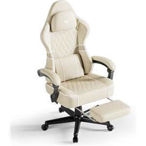 Huracan Sedia da Gaming con funzione massaggio, Poltrona da gaming ergonomica per PC, sedie gamer regolabile e girevole, Sedia da gioco con poggiapiedi, Gamer Chair in pelle PU, Beige