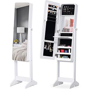 HOMCOM Armadio Portagioie con Specchio Regolabile Bianco 34x146x36 cm