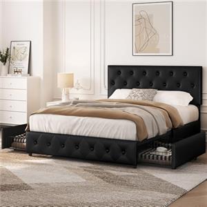 Yaheetech Letto Imbottito Matrimoniale 2 Cassetti (Nero, 140 x 200 cm)