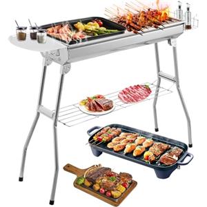 Teodute Grill - Barbecue a carbonella con portaspezie, cestini laterali e vano portaoggetti inferiore, portatile, in acciaio inox, pieghevole, per esterni, cucina, campeggio, escursionismo, picnic, 73