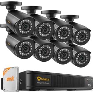 Anlapus 1080P CCTV Kit Sistema di Videosorveglianza 8CH H.265+ Videoregistratore DVR con 8 Videocamere di Sicurezza Esterno, 2TB Disco Rigido, Visione Notturna, Allarme di Movimento