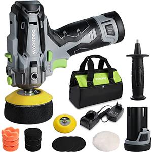 WORKPRO Lucidatrice Auto 12V, Mini Lucidatrice per Auto a Batteria 7000 RPM, 2 batterie da 2,0Ah, Ricarica rapida in 1 ora, 75mm Spugne Lucidanti + Feltri di Lana, Adatto per Lucidatura e Ceratura