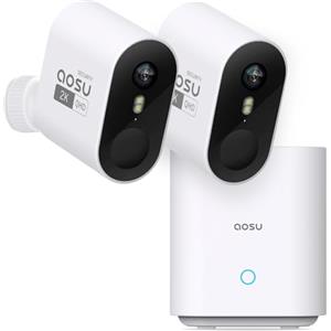 aosu Telecamera 2K esterna, batteria 240 giorni, 2 kit Aosubase 32GB memoria locale senza abbonamento, wireless, sensore movimento, allarme luce/suono, audio bidirezionale, visione notturna a colori
