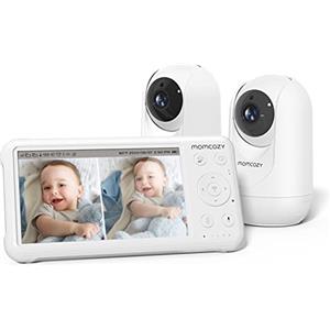 momcozy BM01 Baby Monitor Video con 2 Telecamere, 5" 1080P HD Split-Screen, Batteria 5000mAh, No WiFi,Visione Notturna, Audio Bidirezionale, VOX, 300m, Idea Regalo Nascita per Gemelli